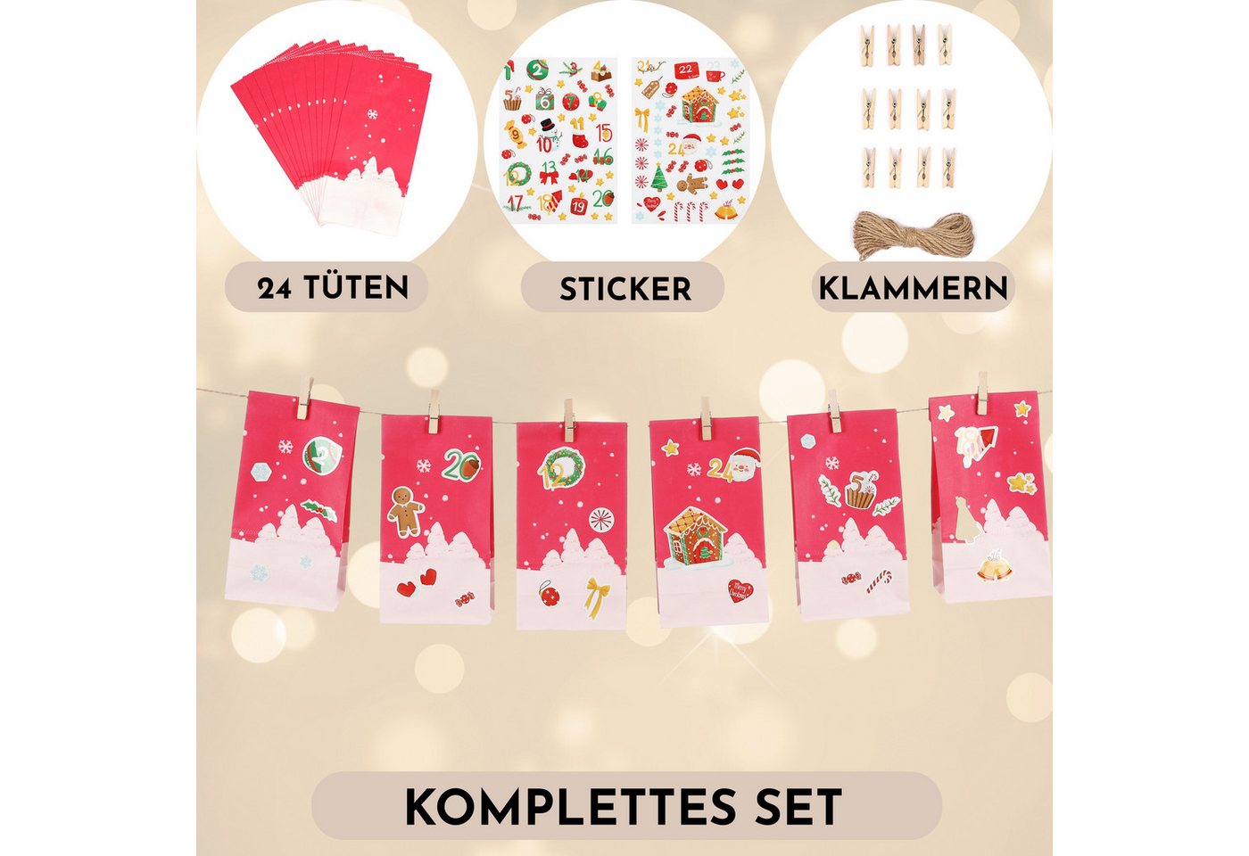Nordstern befüllbarer Adventskalender 24 Papiertüten, Weihnachtsaufkleber, Juteschnur und Holz Klammern, Geschenktüten zum Basteln und Verschenken Bild 2