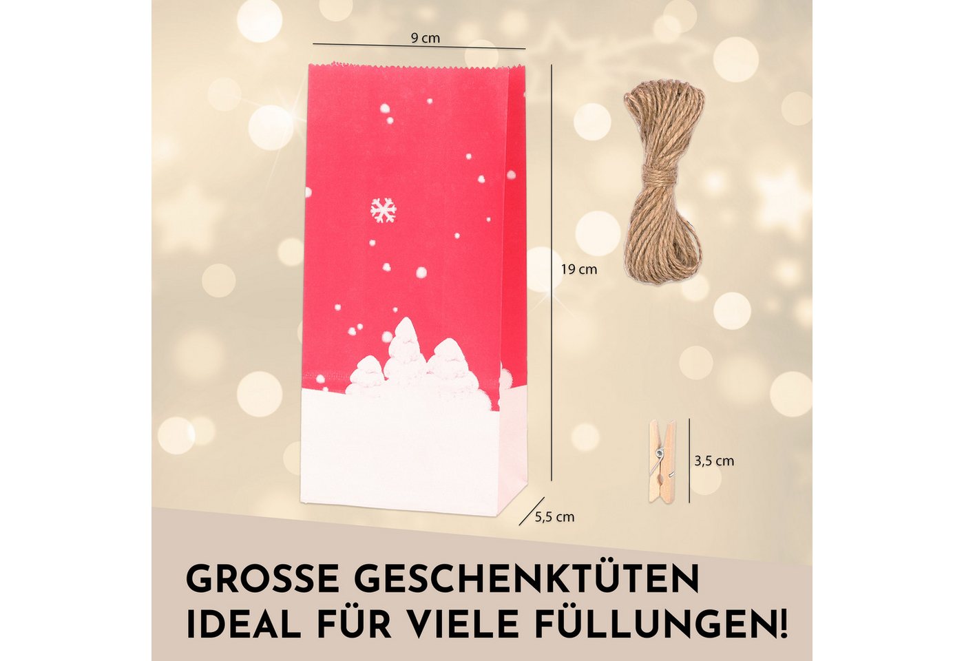 Nordstern befüllbarer Adventskalender 24 Papiertüten, Weihnachtsaufkleber, Juteschnur und Holz Klammern, Geschenktüten zum Basteln und Verschenken Bild 3