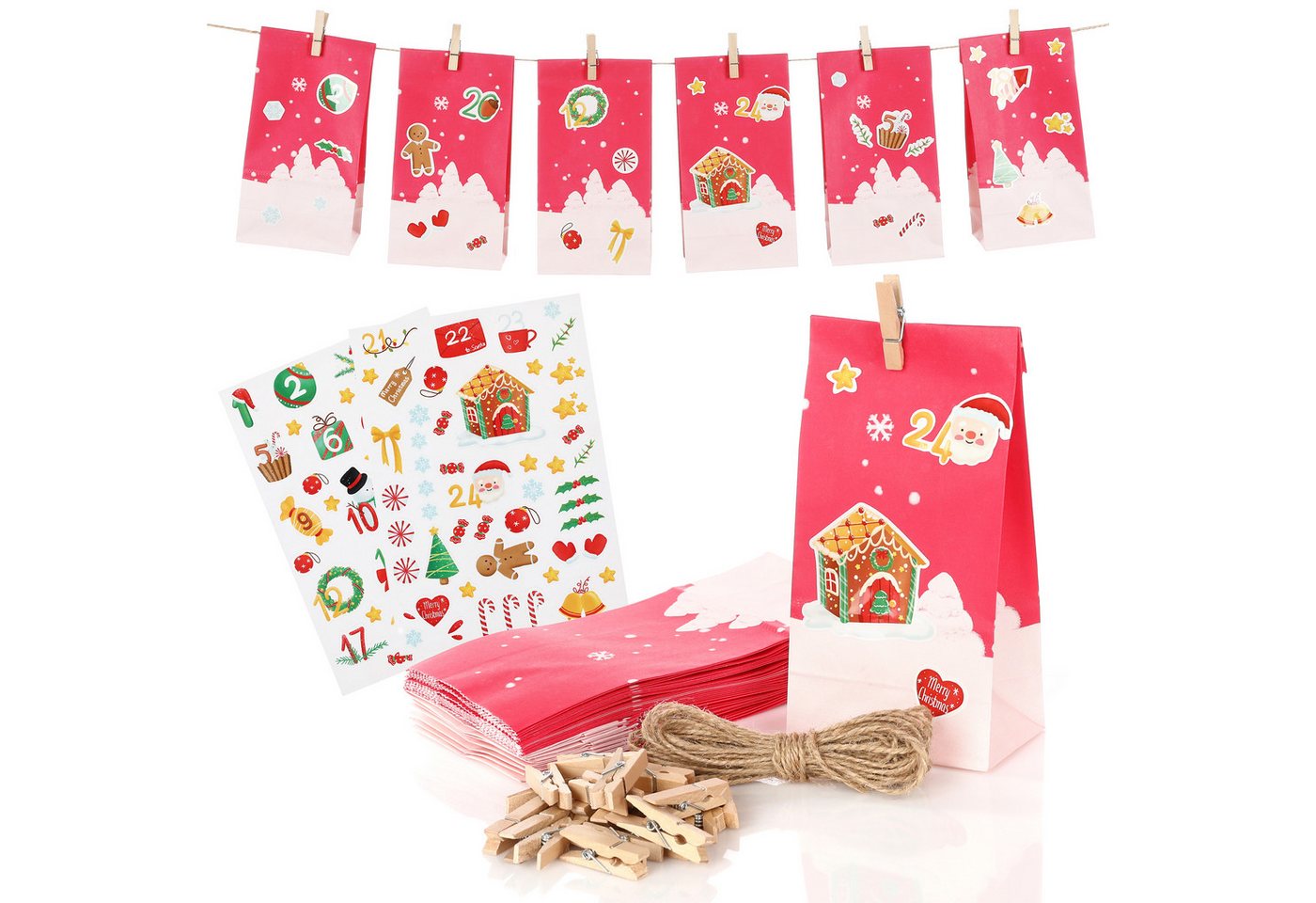 Nordstern befüllbarer Adventskalender 24 Papiertüten, Weihnachtsaufkleber, Juteschnur und Holz Klammern, Geschenktüten zum Basteln und Verschenken Bild 4