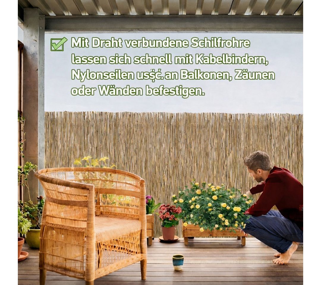Clanmacy Sichtschutzzaunmatten Schilfrohrmatte 100x300cm Schilfmatte Windschutz Sichtschutz Garten, (aus natürlichem Schilfrohr, 1-St., Höhe 100cm x Länge 300cm), Sichtschutz Balkon ohne bohren Garten Schilfmatte Bild 3