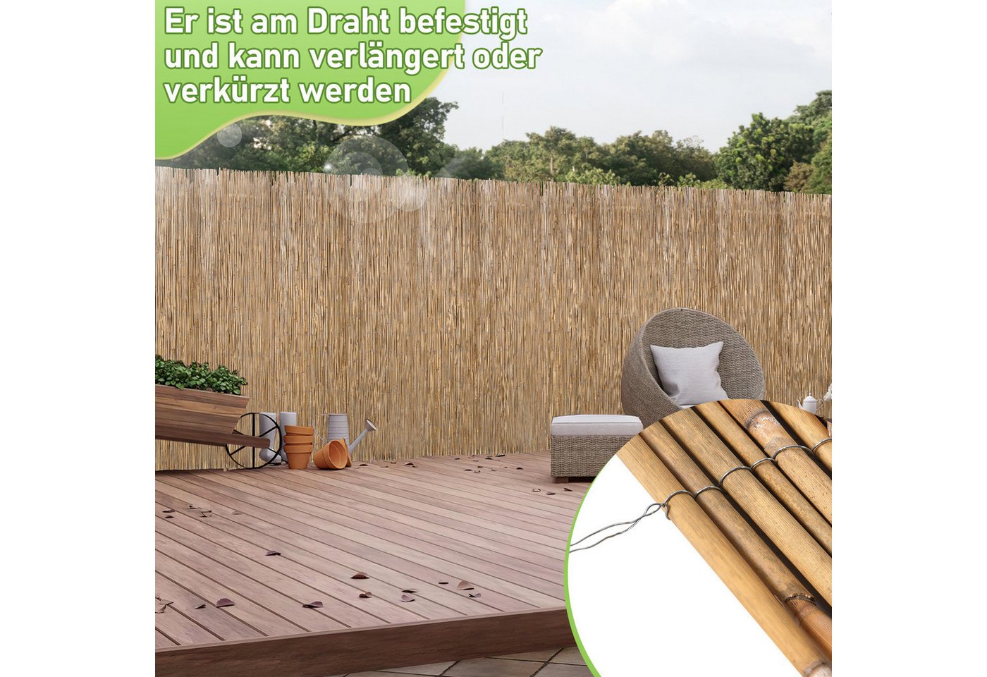 Clanmacy Sichtschutzzaunmatten Schilfrohrmatte 100x300cm Schilfmatte Windschutz Sichtschutz Garten, (aus natürlichem Schilfrohr, 1-St., Höhe 100cm x Länge 300cm), Sichtschutz Balkon ohne bohren Garten Schilfmatte Bild 4
