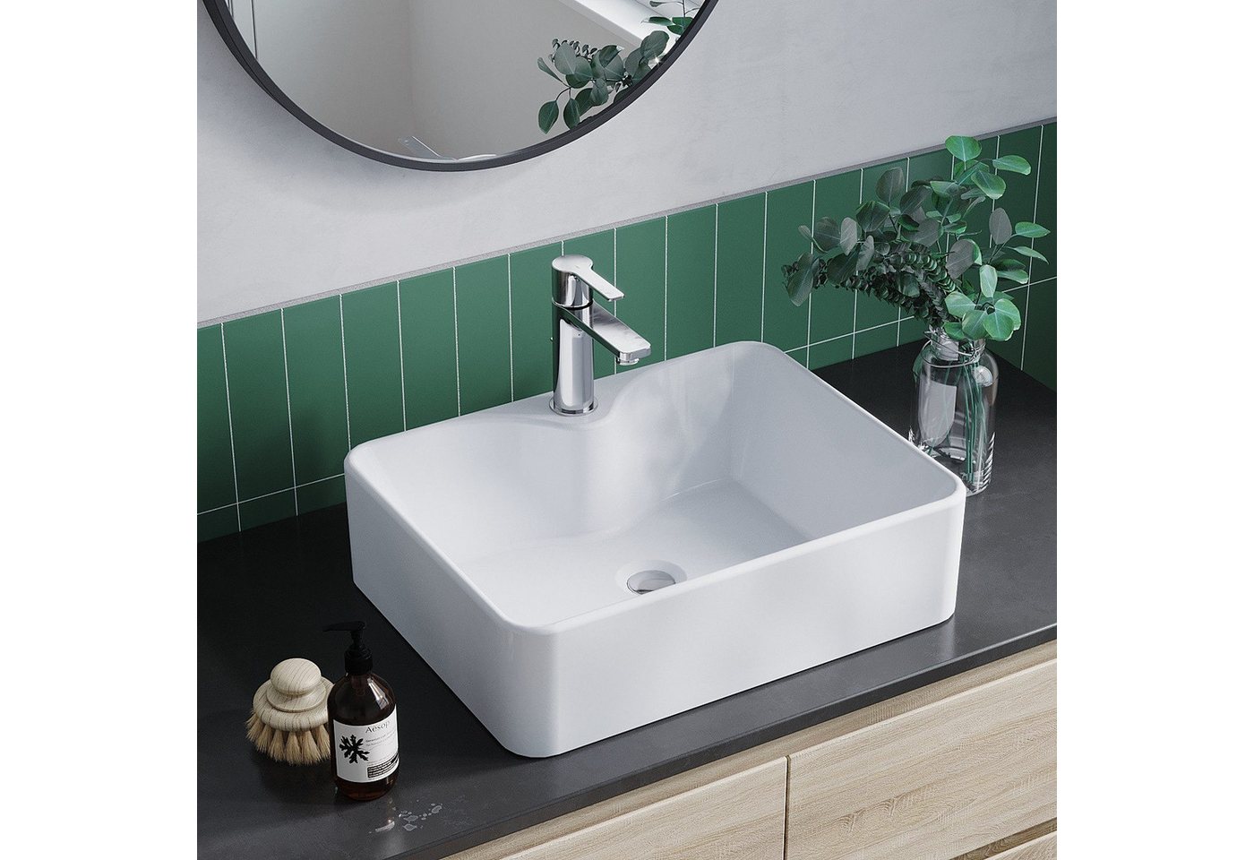 AQUALAVOS Waschbecken Eckiges Waschbecken ohne Überlauf mit Hahnloch Weiß für Bad & Gäste-WC, Montage auf stabilen Platten, Waschtischen oder Unterschränken.