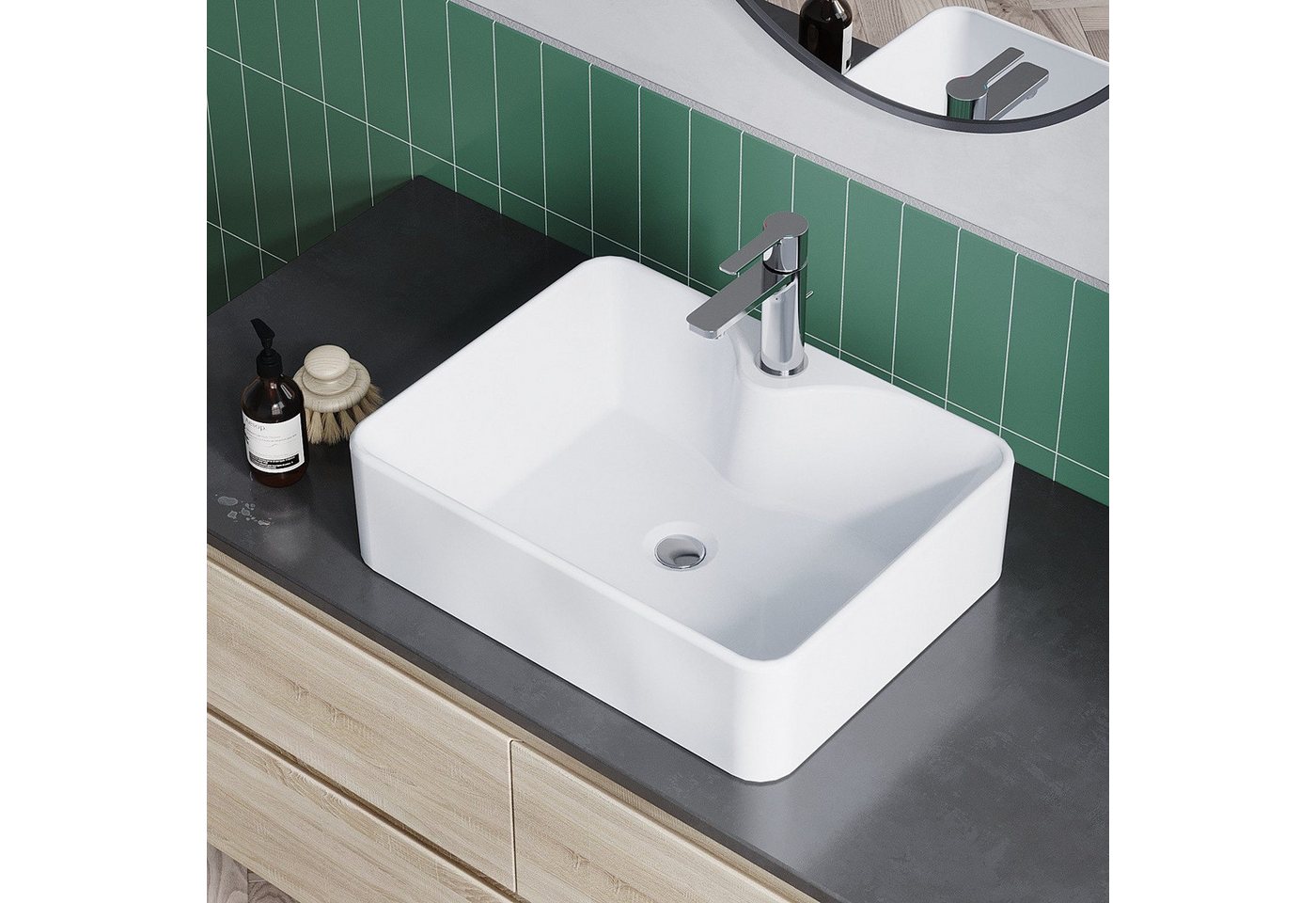 AQUALAVOS Waschbecken Eckiges Waschbecken ohne Überlauf mit Hahnloch Weiß für Bad & Gäste-WC, Montage auf stabilen Platten, Waschtischen oder Unterschränken. Bild 4