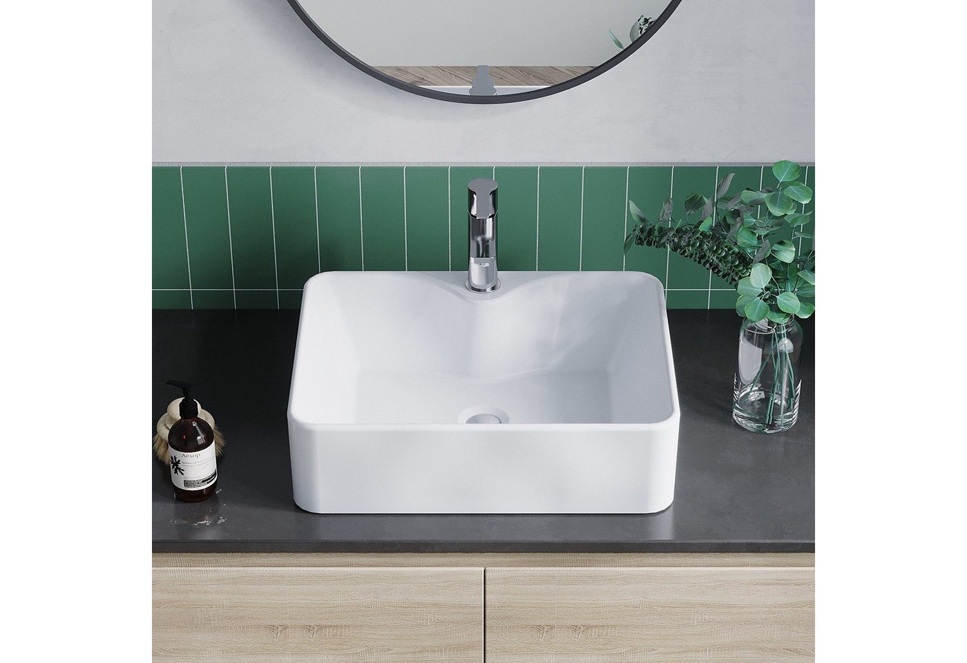 AQUALAVOS Waschbecken Eckiges Waschbecken ohne Überlauf mit Hahnloch Weiß für Bad & Gäste-WC, Montage auf stabilen Platten, Waschtischen oder Unterschränken. Bild 5