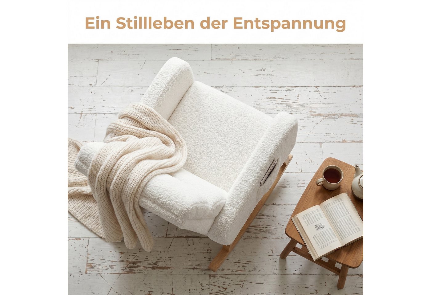BELUPAI Schaukelstuhl Polster Schaukelsessel (Set, 1 St), mit Massivholzfüßen,für Schlafzimmer,2 Seitentaschen,Teddystoff,Weiß Bild 2