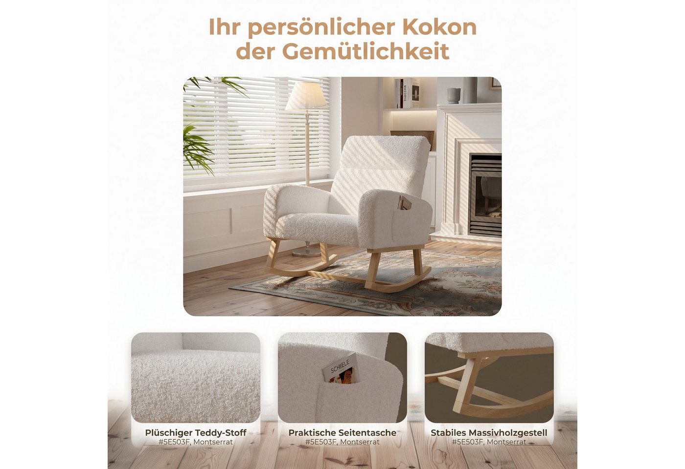 BELUPAI Schaukelstuhl Polster Schaukelsessel (Set, 1 St), mit Massivholzfüßen,für Schlafzimmer,2 Seitentaschen,Teddystoff,Weiß Bild 3