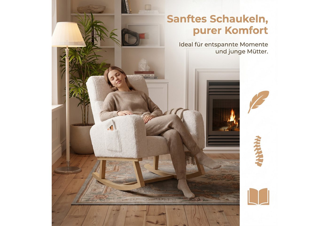 BELUPAI Schaukelstuhl Polster Schaukelsessel (Set, 1 St), mit Massivholzfüßen,für Schlafzimmer,2 Seitentaschen,Teddystoff,Weiß Bild 5