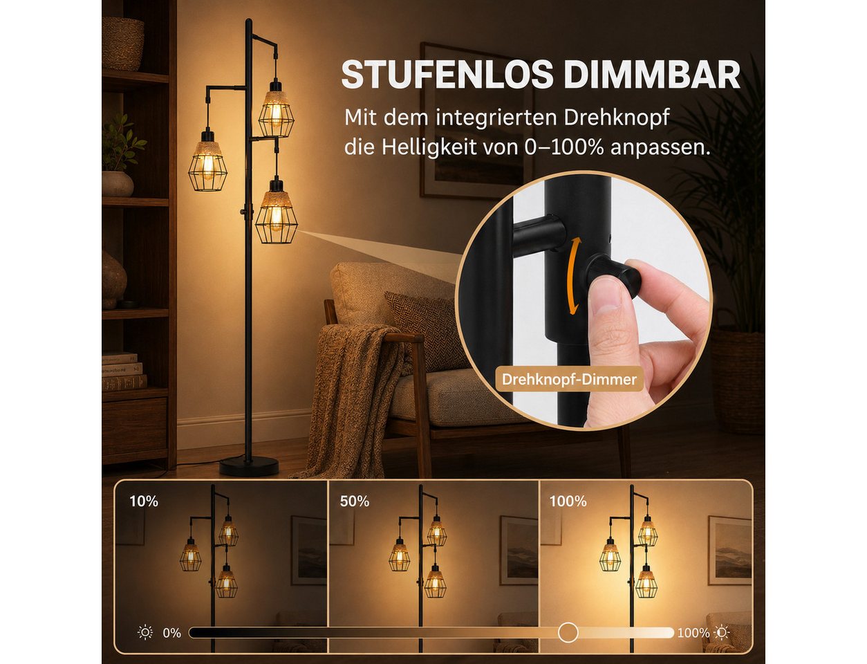 Lapamax Stehlampe Rattan-Stehlampe, 3-flammige Boho-Lampe, 175CM, stufenlos dimmbar, mit 3 Glühbirnen, Industrielampen für Wohnzimmer, Bauernhaus Stehschlafzimmer