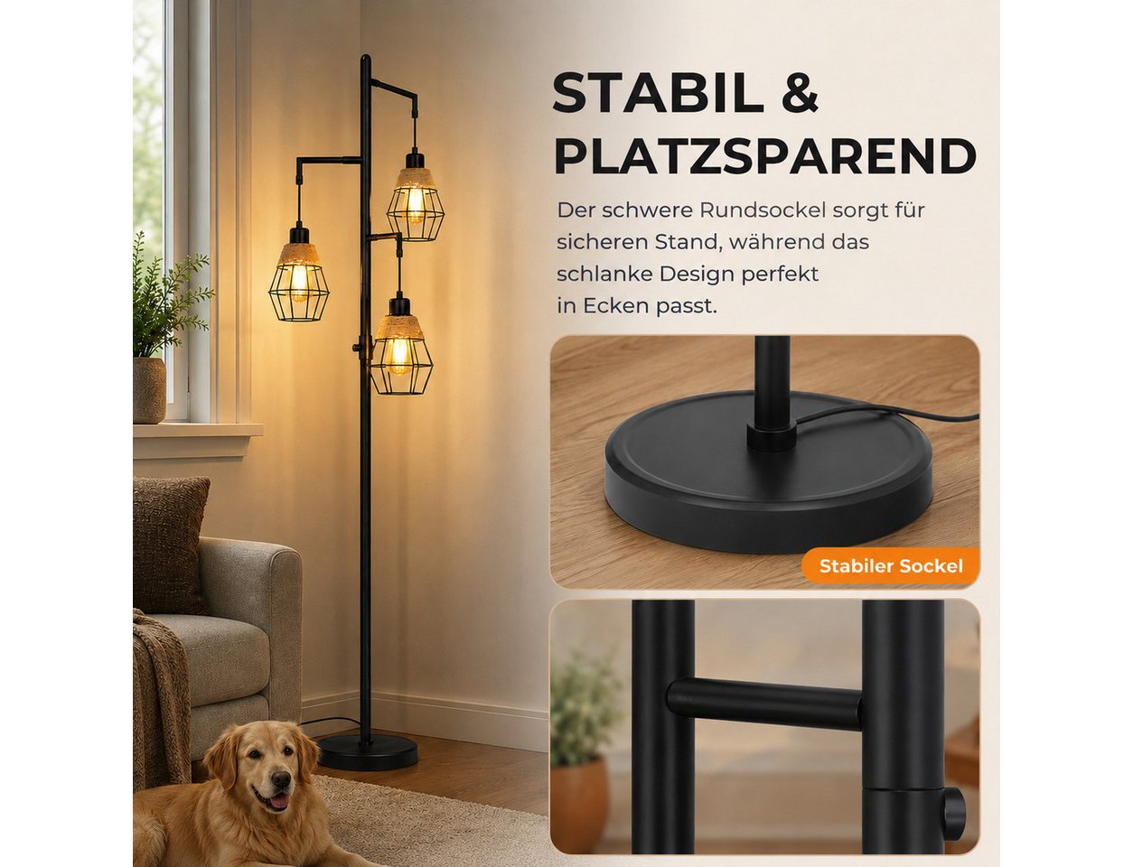 Lapamax Stehlampe Rattan-Stehlampe, 3-flammige Boho-Lampe, 175CM, stufenlos dimmbar, mit 3 Glühbirnen, Industrielampen für Wohnzimmer, Bauernhaus Stehschlafzimmer Bild 2