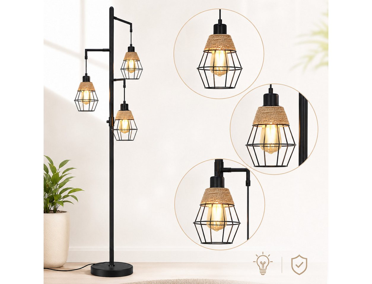 Lapamax Stehlampe Rattan-Stehlampe, 3-flammige Boho-Lampe, 175CM, stufenlos dimmbar, mit 3 Glühbirnen, Industrielampen für Wohnzimmer, Bauernhaus Stehschlafzimmer Bild 3