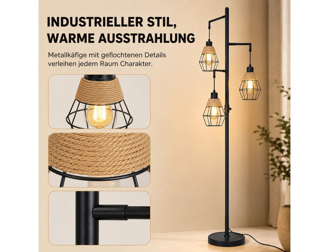 Lapamax Stehlampe Rattan-Stehlampe, 3-flammige Boho-Lampe, 175CM, stufenlos dimmbar, mit 3 Glühbirnen, Industrielampen für Wohnzimmer, Bauernhaus Stehschlafzimmer Bild 4