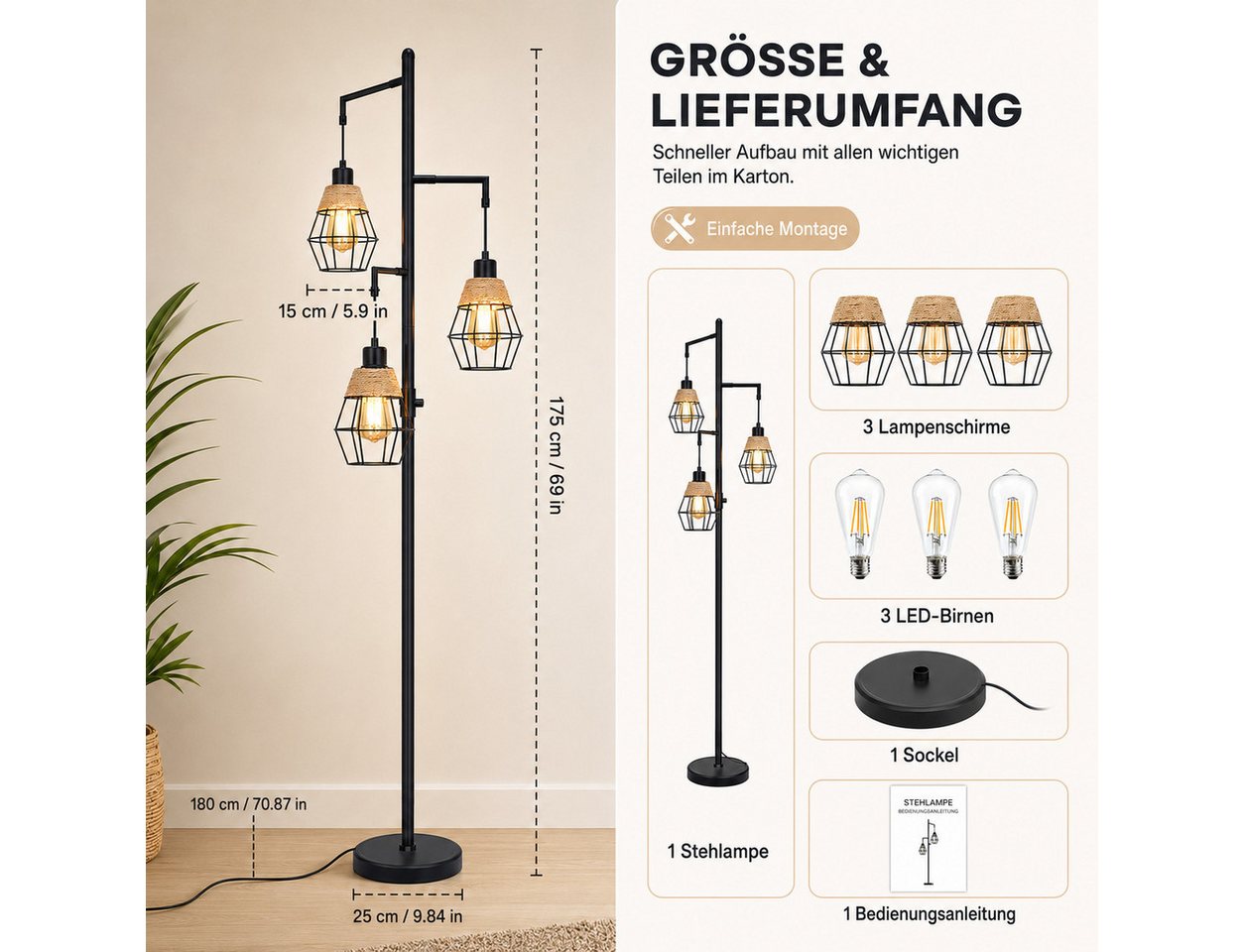 Lapamax Stehlampe Rattan-Stehlampe, 3-flammige Boho-Lampe, 175CM, stufenlos dimmbar, mit 3 Glühbirnen, Industrielampen für Wohnzimmer, Bauernhaus Stehschlafzimmer Bild 5