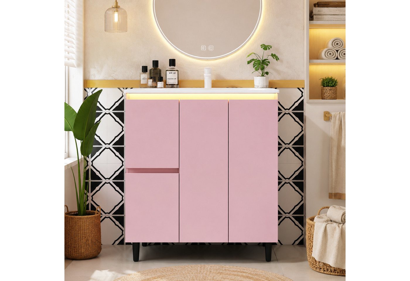 Flieks Waschtisch mit LED-Radarsensor Waschbeckenunterschrank inkl. Waschbecken (B76/T47/H89 cm, 1-St., Badeschrank mit Led-Beleuchtung, Soft-Close-Funktion, hohes Fußdesign), freistehender Badezimmerschrank mit verstellbare Ablagen Badmöbel Rosa
