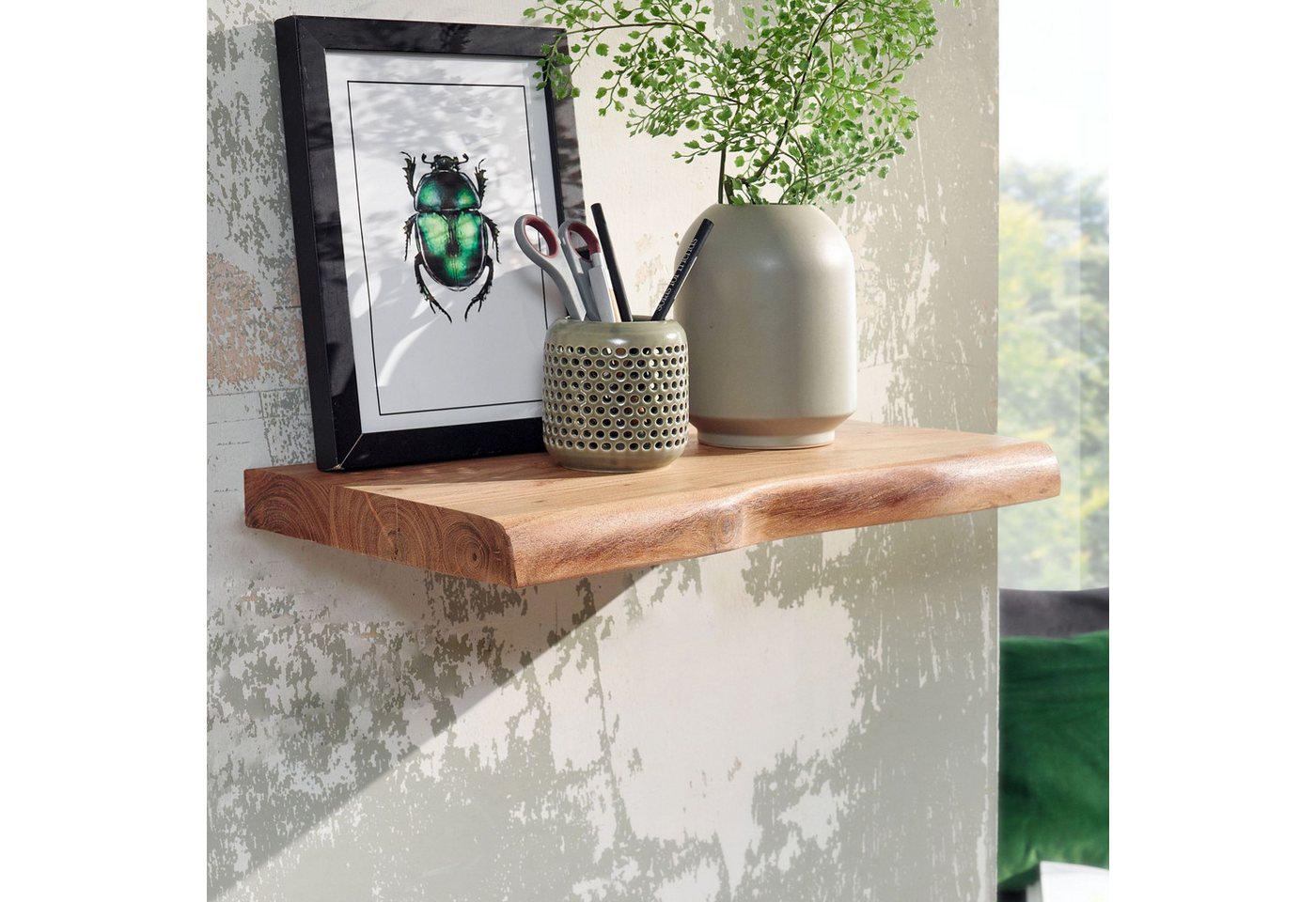 FINEBUY Wandregal FB31351 Baumkante Akazie Holz Schweberegal Regal Massiv Hängeregal, mit Baumkante Akazie Massivholz 40 cm hängend, Hängeregal schwebend, Schweberegal Wand Wohnzimmer Bild 2
