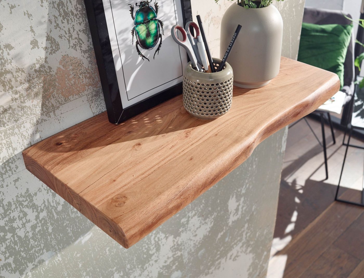 FINEBUY Wandregal FB31351 Baumkante Akazie Holz Schweberegal Regal Massiv Hängeregal, mit Baumkante Akazie Massivholz 40 cm hängend, Hängeregal schwebend, Schweberegal Wand Wohnzimmer Bild 4