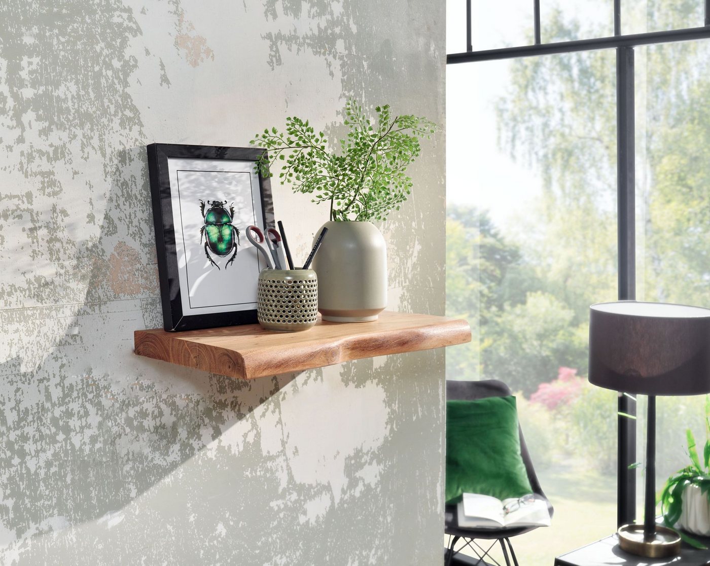 FINEBUY Wandregal FB31351 Baumkante Akazie Holz Schweberegal Regal Massiv Hängeregal, mit Baumkante Akazie Massivholz 40 cm hängend, Hängeregal schwebend, Schweberegal Wand Wohnzimmer Bild 5
