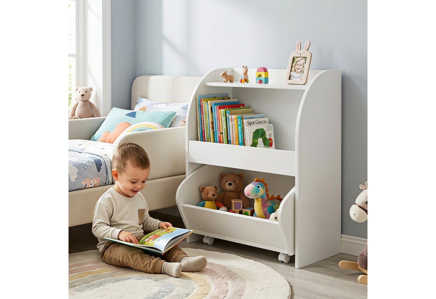 COSTWAY Kinderregal, Bücherregal Kinder aus Holz mit Schublade auf Rollen