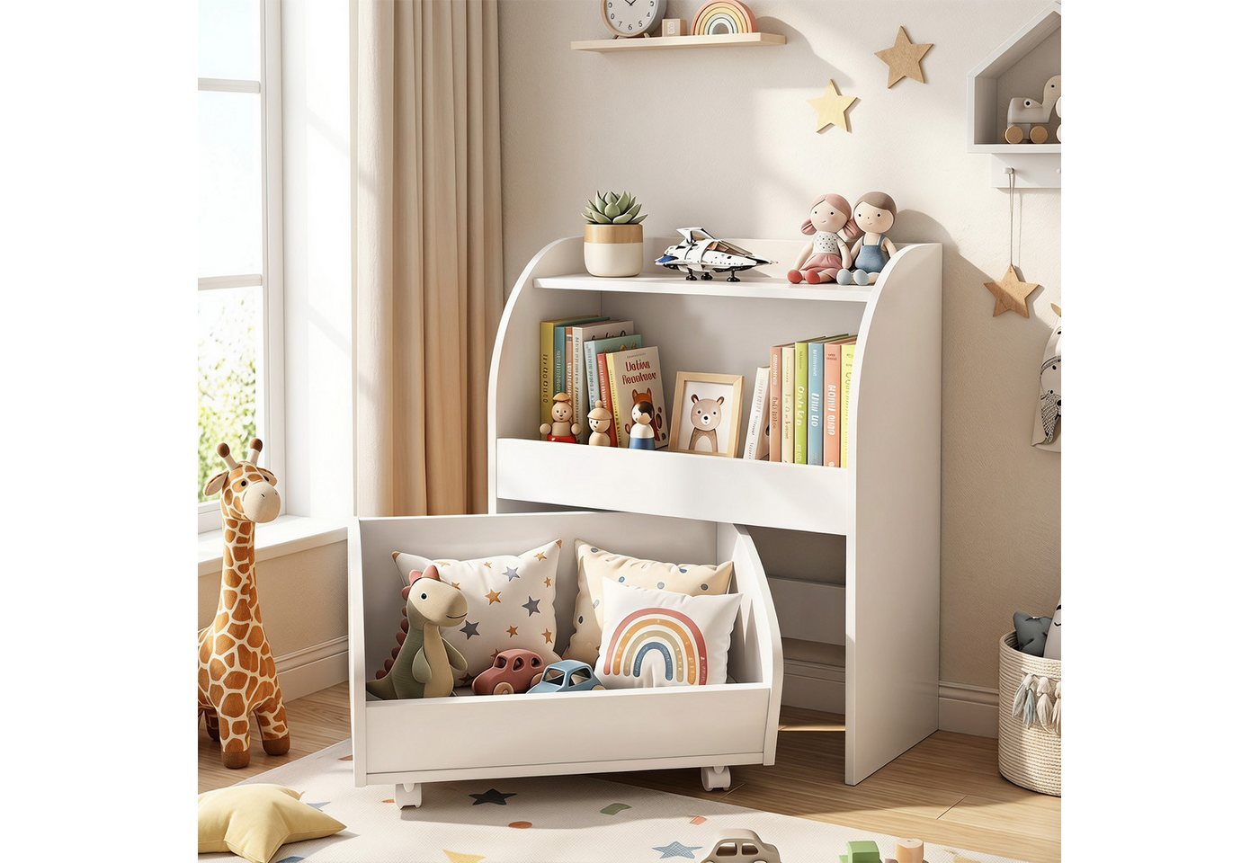 COSTWAY Kinderregal, Bücherregal Kinder aus Holz mit Schublade auf Rollen Bild 2