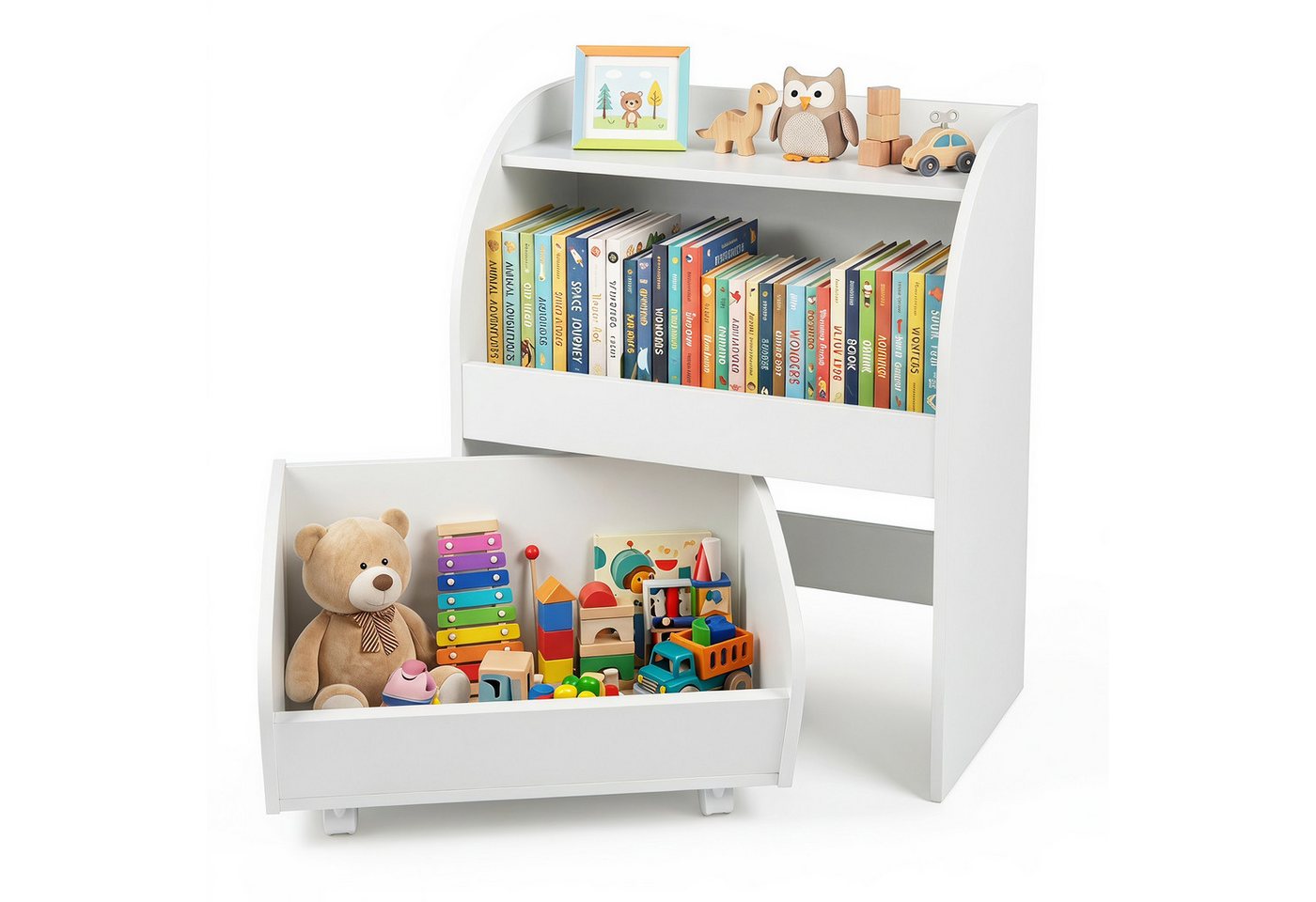 COSTWAY Kinderregal, Bücherregal Kinder aus Holz mit Schublade auf Rollen Bild 3