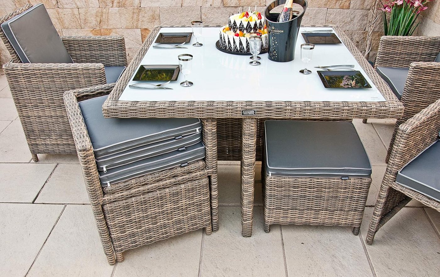 Ragnarök Möbel-Design Garten-Essgruppe Garten-Essgruppe Esstisch Set Heimdall 4+4, (Set, 4 vormontierte Sessel, 4 Hocker und 1 Tisch), Premium 4+4 Gartenmöbel-Set mit verschweißten Aluminiumgestellen Bild 2