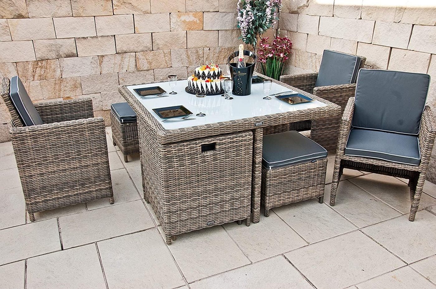 Ragnarök Möbel-Design Garten-Essgruppe Garten-Essgruppe Esstisch Set Heimdall 4+4, (Set, 4 vormontierte Sessel, 4 Hocker und 1 Tisch), Premium 4+4 Gartenmöbel-Set mit verschweißten Aluminiumgestellen Bild 3