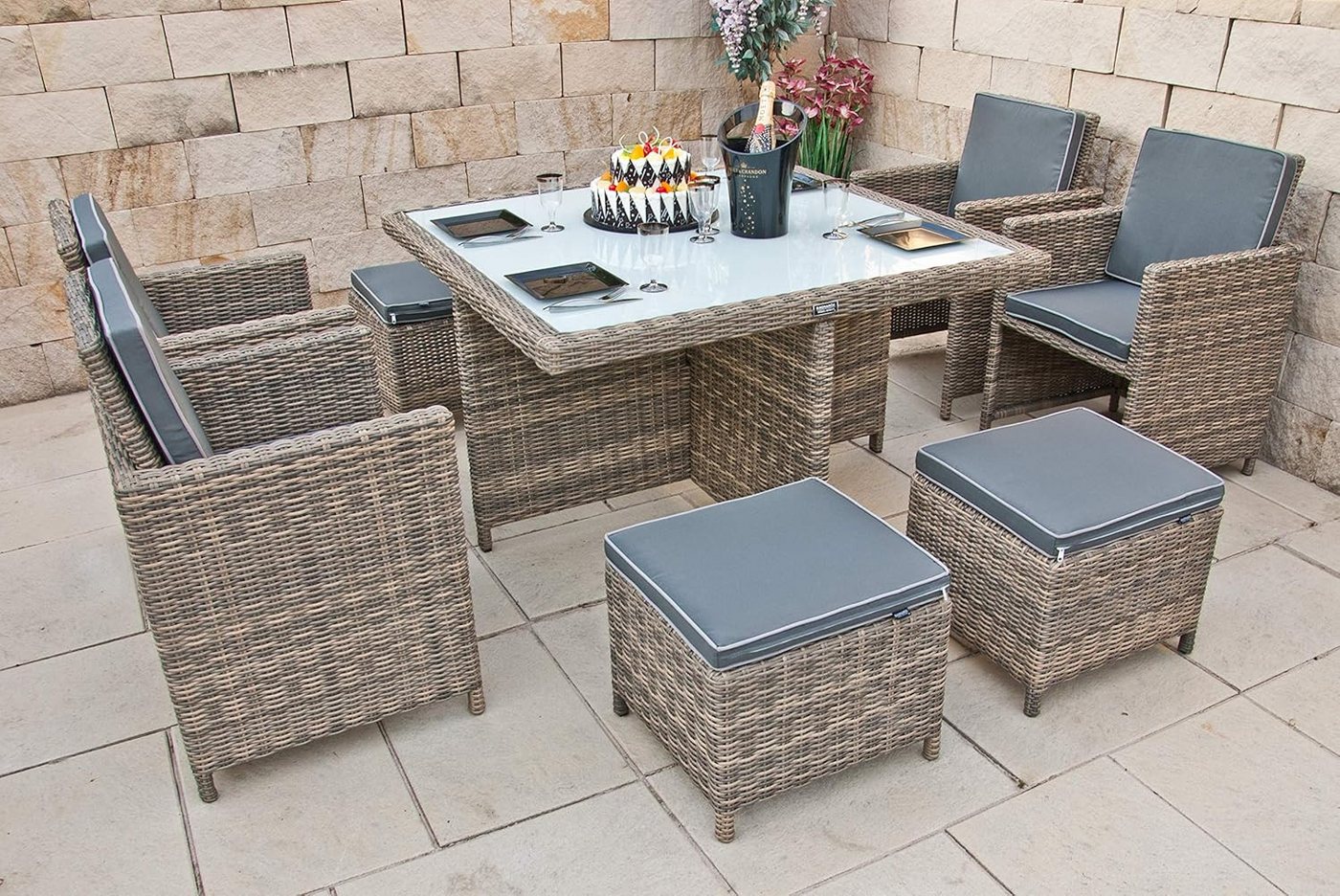 Ragnarök Möbel-Design Garten-Essgruppe Garten-Essgruppe Esstisch Set Heimdall 4+4, (Set, 4 vormontierte Sessel, 4 Hocker und 1 Tisch), Premium 4+4 Gartenmöbel-Set mit verschweißten Aluminiumgestellen Bild 4