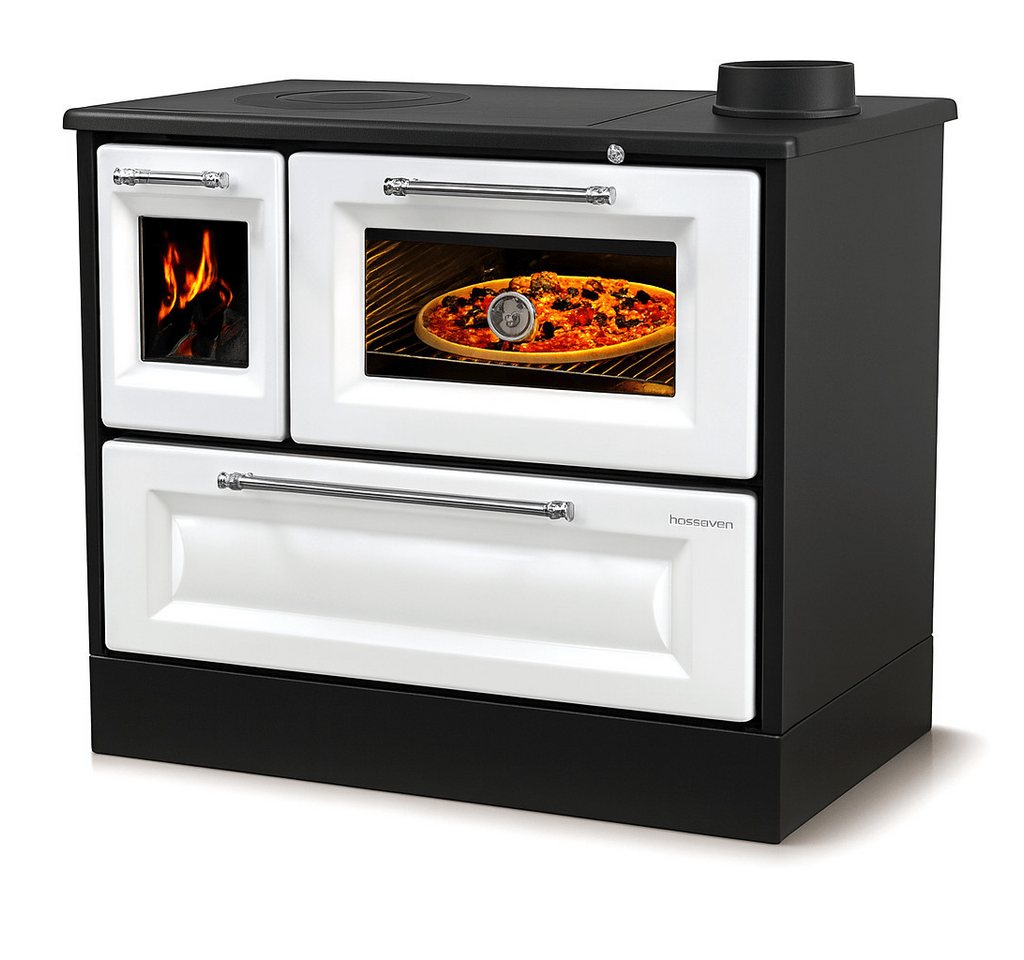 Hosseven Kaminofen mit Backfach und Herdplatte 4012 Weiß Holzofen 8 kW Holz Ofen, 7.7 kW, Dauerbrand, Ofen Mehrfachbelegung Kamin Heizofen Küchenherd