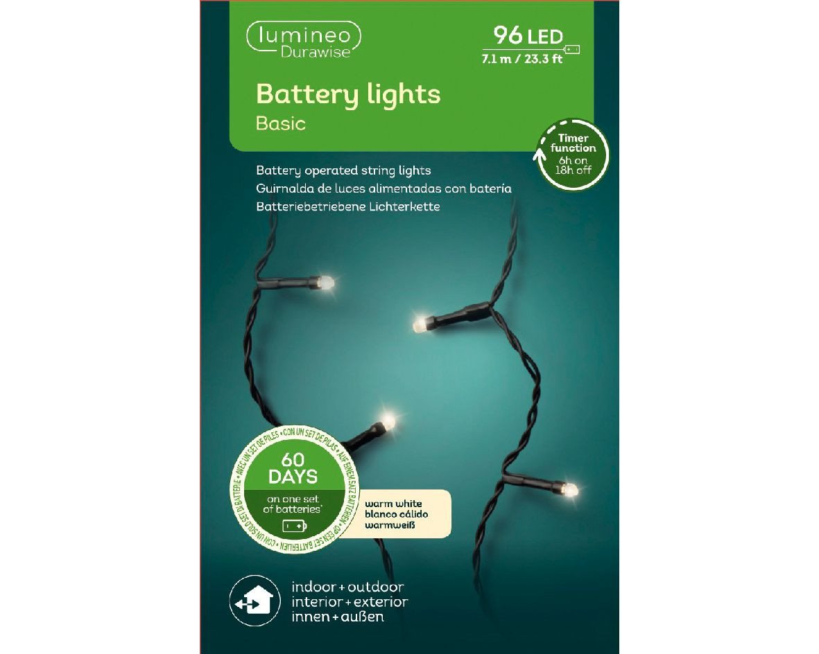 Lumineo LED-Lichterkette Lumineo Lichterkette BATTERY LIGHTS 96 LED 7,1m warm weiß, AA-Batterie, Indoor, Outdoor, Timer, Batteriebetrieben, 3x AA Bild 2