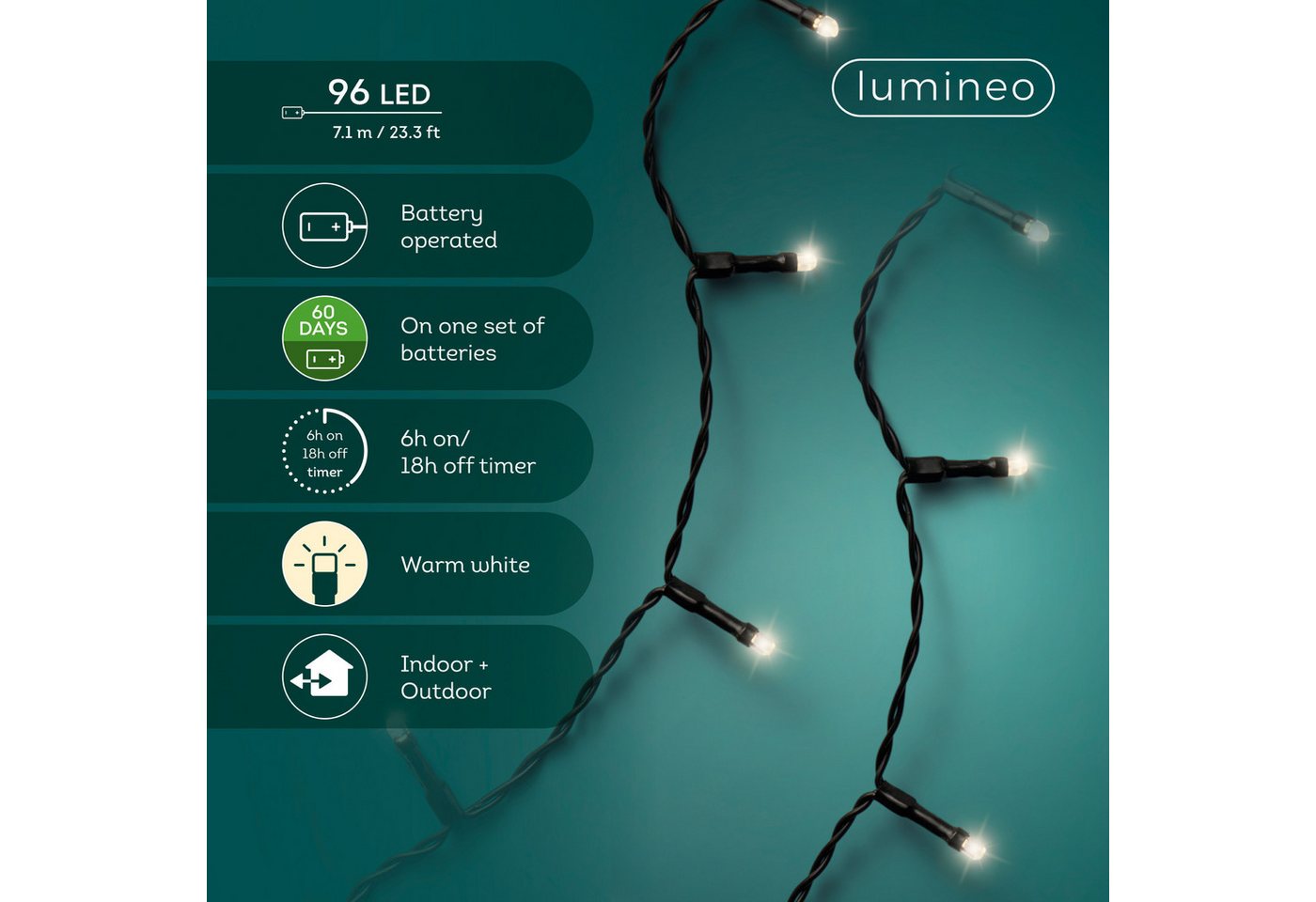 Lumineo LED-Lichterkette Lumineo Lichterkette BATTERY LIGHTS 96 LED 7,1m warm weiß, AA-Batterie, Indoor, Outdoor, Timer, Batteriebetrieben, 3x AA Bild 5