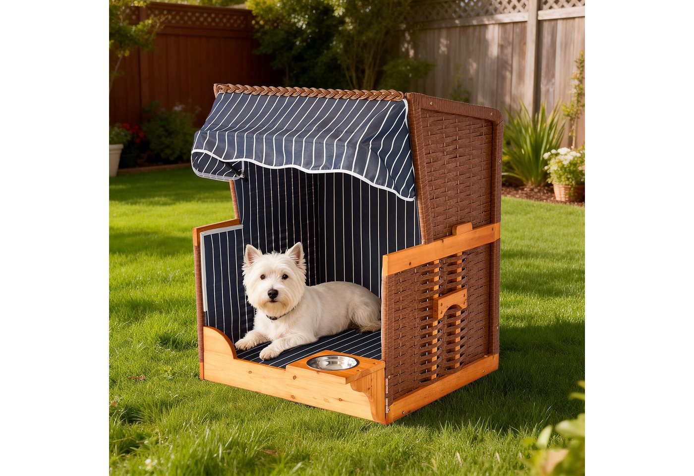 relaxdays Haustierstrandkorb Hundestrandkorb Holz & Rattan inkl. Napf, BxTxH: 75x65x95 cm, C Bild 2