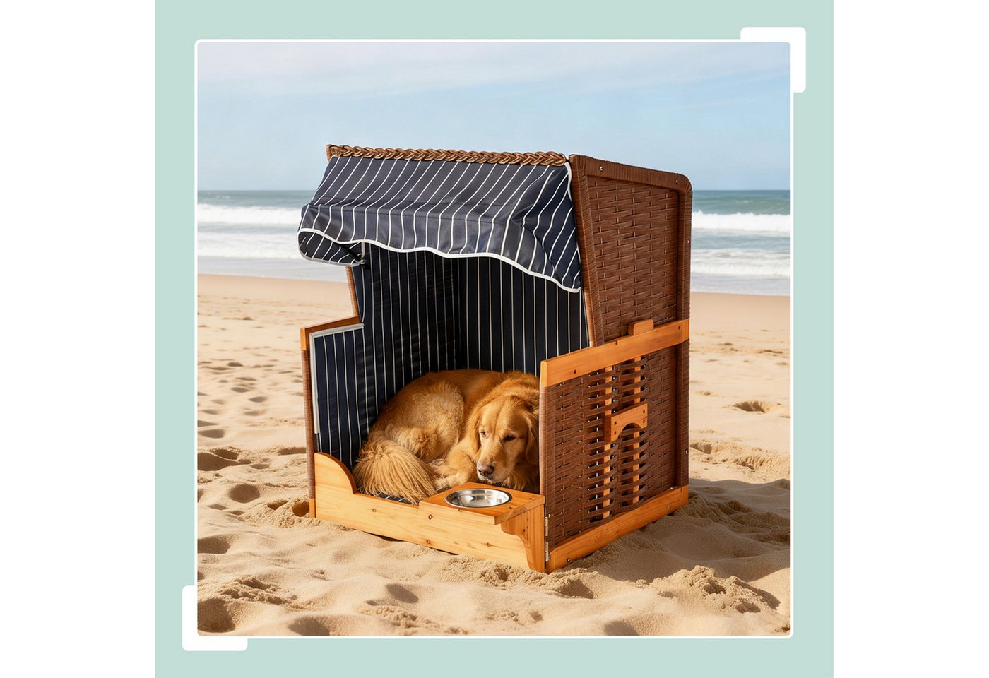 relaxdays Haustierstrandkorb Hundestrandkorb Holz & Rattan inkl. Napf, BxTxH: 75x65x95 cm, C Bild 4