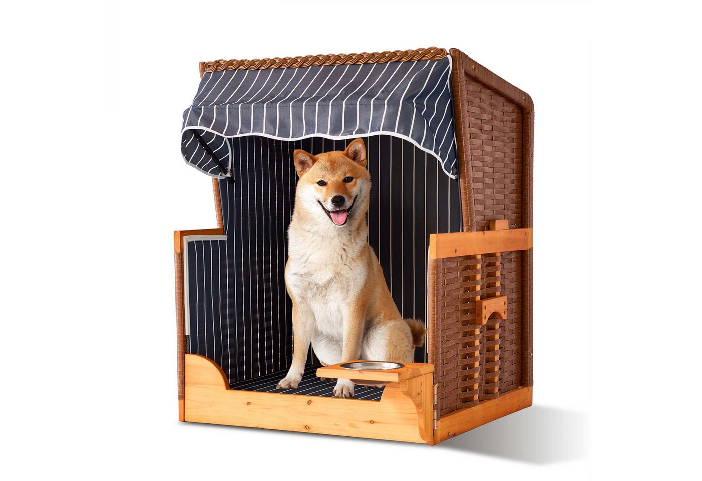 relaxdays Haustierstrandkorb Hundestrandkorb Holz & Rattan inkl. Napf, BxTxH: 75x65x95 cm, C Bild 5