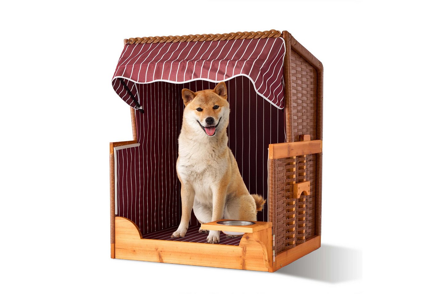 relaxdays Haustierstrandkorb Hundestrandkorb Holz & Rattan inkl. Napf, BxTxH: 75x65x95 cm, D