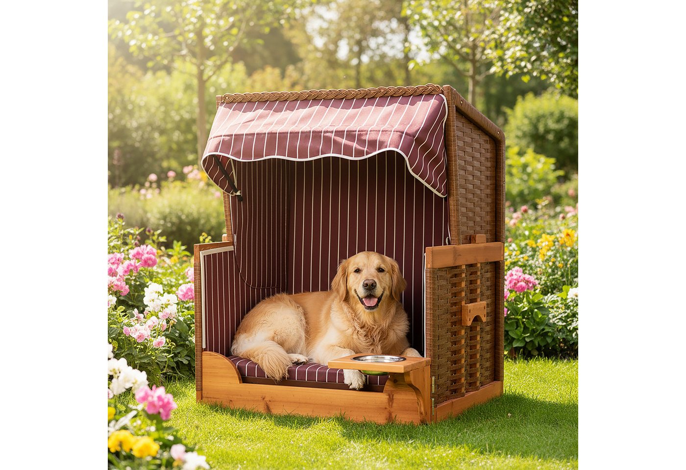relaxdays Haustierstrandkorb Hundestrandkorb Holz & Rattan inkl. Napf, BxTxH: 75x65x95 cm, D Bild 3