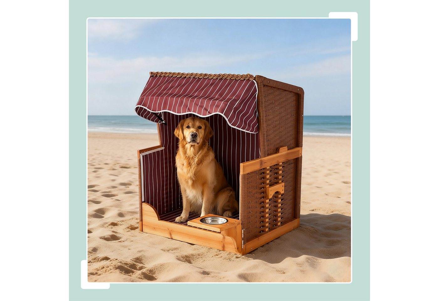 relaxdays Haustierstrandkorb Hundestrandkorb Holz & Rattan inkl. Napf, BxTxH: 75x65x95 cm, D Bild 5