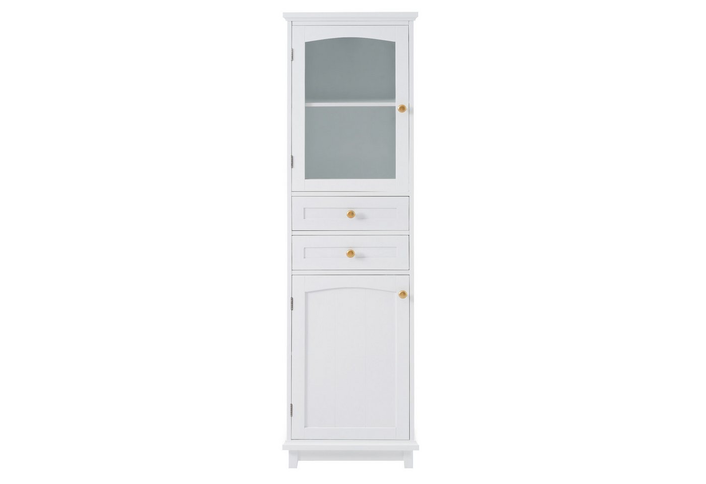Flieks Badkommode Badezimmerschrank mit Glastüren und 2 Schubladen Hochschrank (1 St., 45x36x160 cm), Glasvitrine Mehrzweckschrank mit verstellbare Einlegeböden Weiß