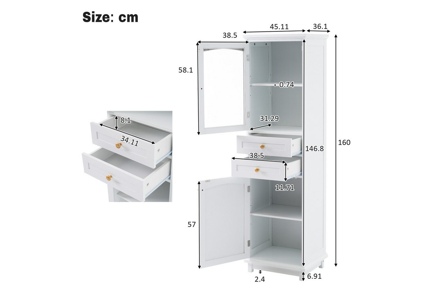 Flieks Badkommode Badezimmerschrank mit Glastüren und 2 Schubladen Hochschrank (1 St., 45x36x160 cm), Glasvitrine Mehrzweckschrank mit verstellbare Einlegeböden Weiß Bild 2