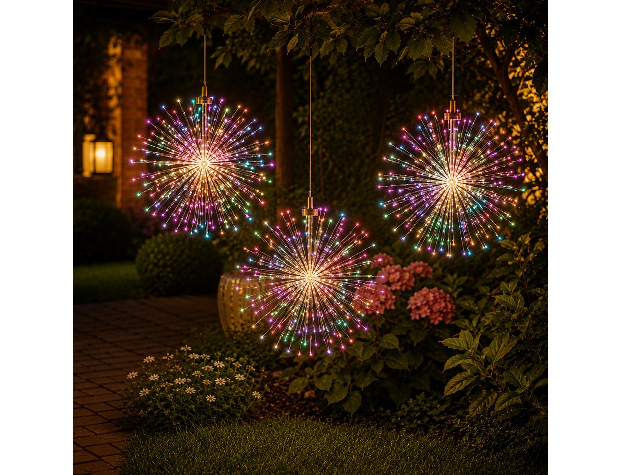 ibettertec LED Solarleuchte 4 Stück LED Solar Gartendeko Solarlampen Garten 80 LED Feuerwerk, 26cm Feuerwerk hängend, LED fest integriert, gartendeko, solarlampen für außen, Bunt, Warmweiß, Leuchtmittel, Wetterfest Pusteblume Solarlampen 8 Modi mit Erdspieß 4 Stück Bild 3