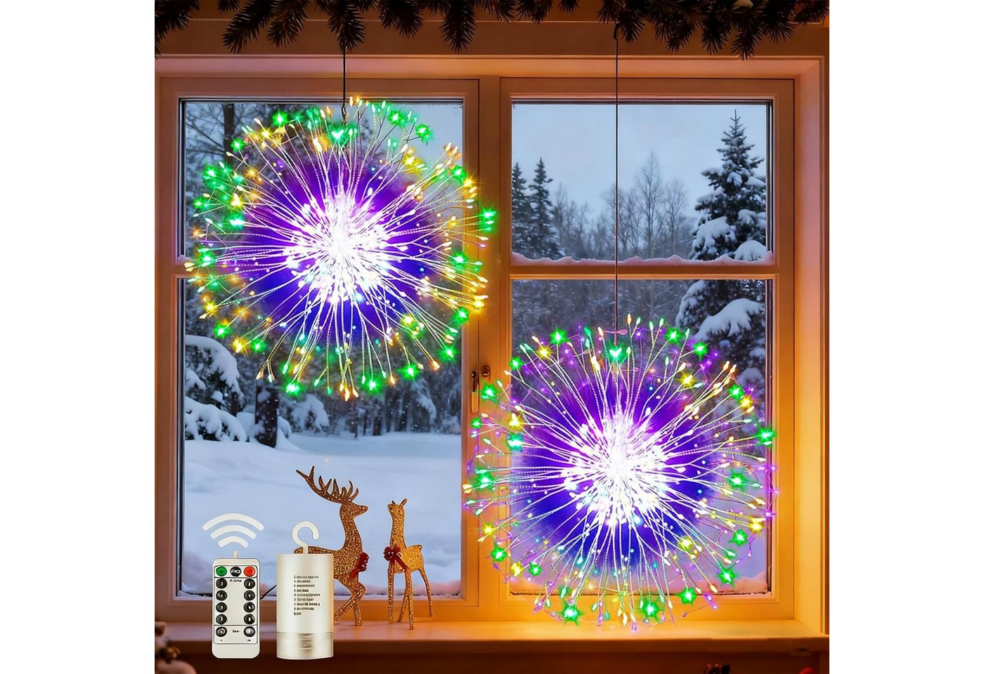 ibettertec LED Solarleuchte 4 Stück LED Solar Gartendeko Solarlampen Garten 80 LED Feuerwerk, 26cm Feuerwerk hängend, LED fest integriert, gartendeko, solarlampen für außen, Bunt, Warmweiß, Leuchtmittel, Wetterfest Pusteblume Solarlampen 8 Modi mit Erdspieß 4 Stück Bild 4