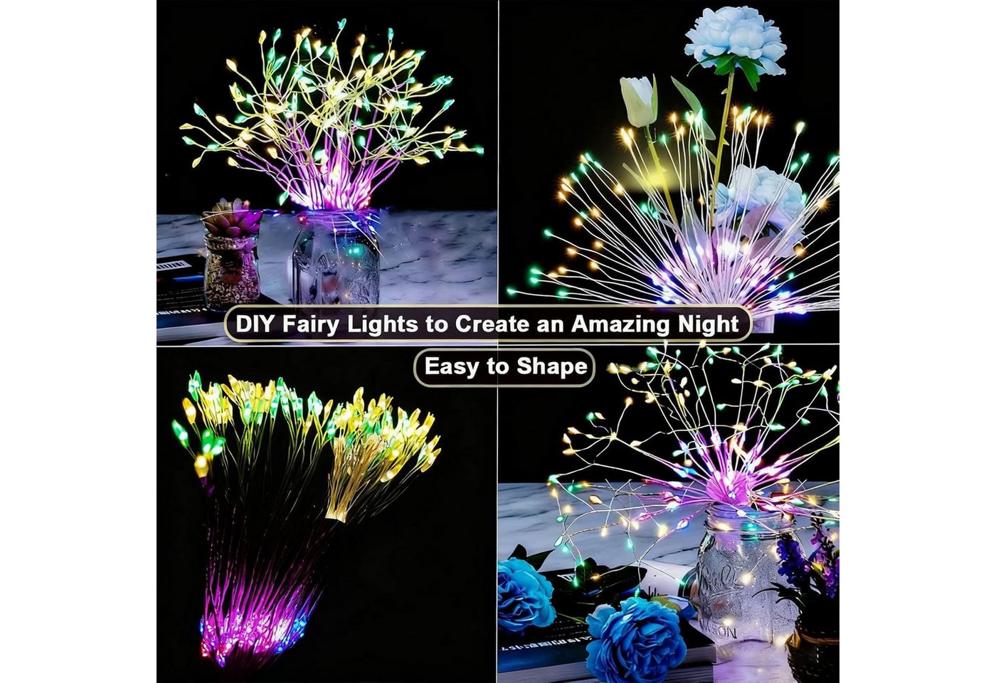 ibettertec LED Solarleuchte 4 Stück LED Solar Gartendeko Solarlampen Garten 80 LED Feuerwerk, 26cm Feuerwerk hängend, LED fest integriert, gartendeko, solarlampen für außen, Bunt, Warmweiß, Leuchtmittel, Wetterfest Pusteblume Solarlampen 8 Modi mit Erdspieß 4 Stück Bild 5
