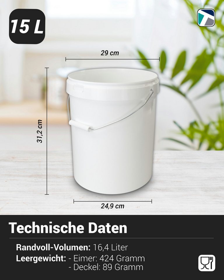 Trevendo Baueimer 5x 15 L Eimer mit Metallgriff, lebensmittelecht - inkl. Etikett, Lebensmittelecht Bild 4