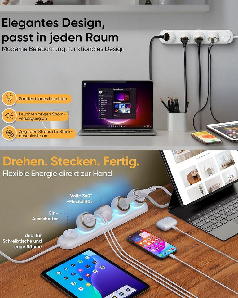 Fyrove 360° drehbare Steckdosenleiste, 3-Fach + 2 USB-C + 1 USB-A Steckdosenleiste, LED-Nachtlicht, 2m Kabel, Überspannungsschutz