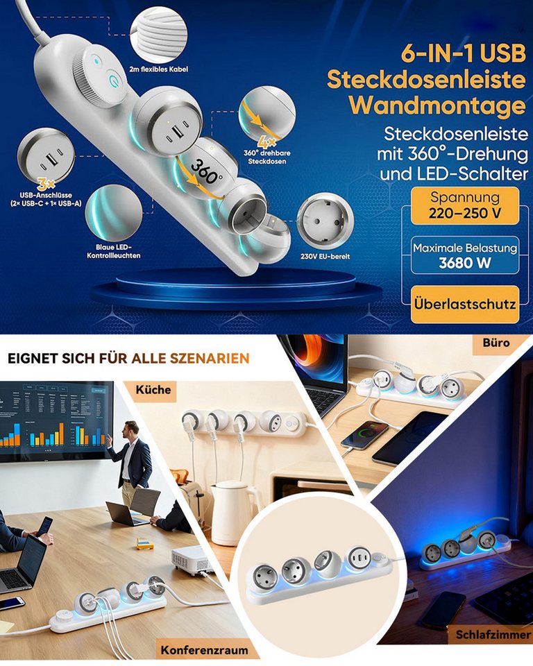 Fyrove 360° drehbare Steckdosenleiste, 3-Fach + 2 USB-C + 1 USB-A Steckdosenleiste, LED-Nachtlicht, 2m Kabel, Überspannungsschutz Bild 2