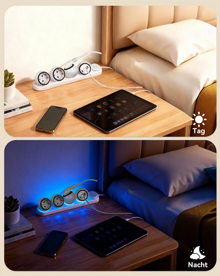 Fyrove 360° drehbare Steckdosenleiste, 3-Fach + 2 USB-C + 1 USB-A Steckdosenleiste, LED-Nachtlicht, 2m Kabel, Überspannungsschutz Bild 3