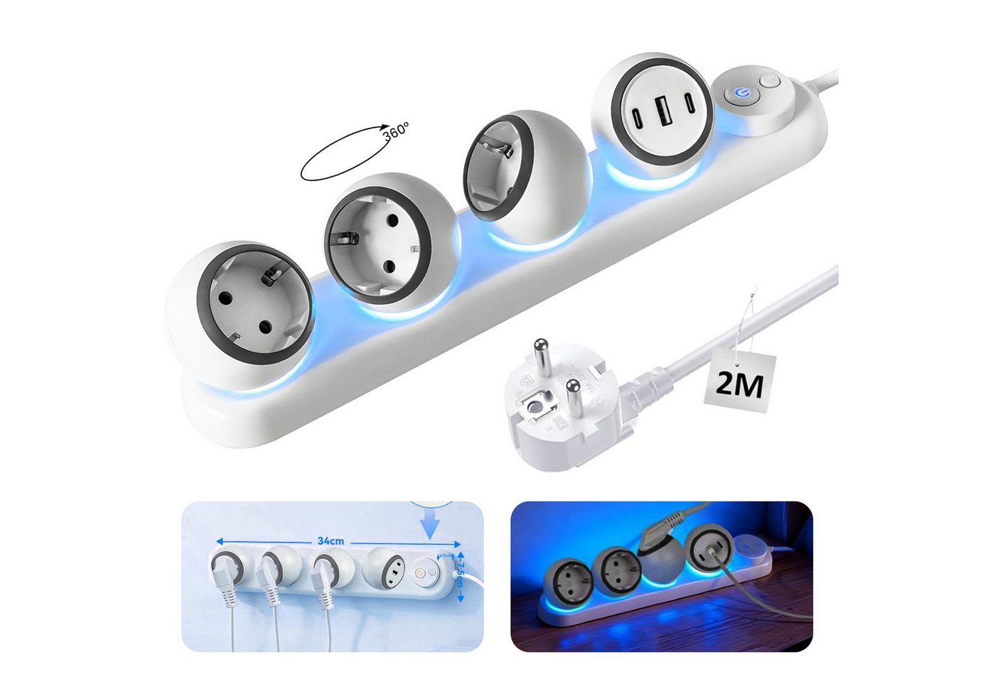 Fyrove 360° drehbare Steckdosenleiste, 3-Fach + 2 USB-C + 1 USB-A Steckdosenleiste, LED-Nachtlicht, 2m Kabel, Überspannungsschutz Bild 5