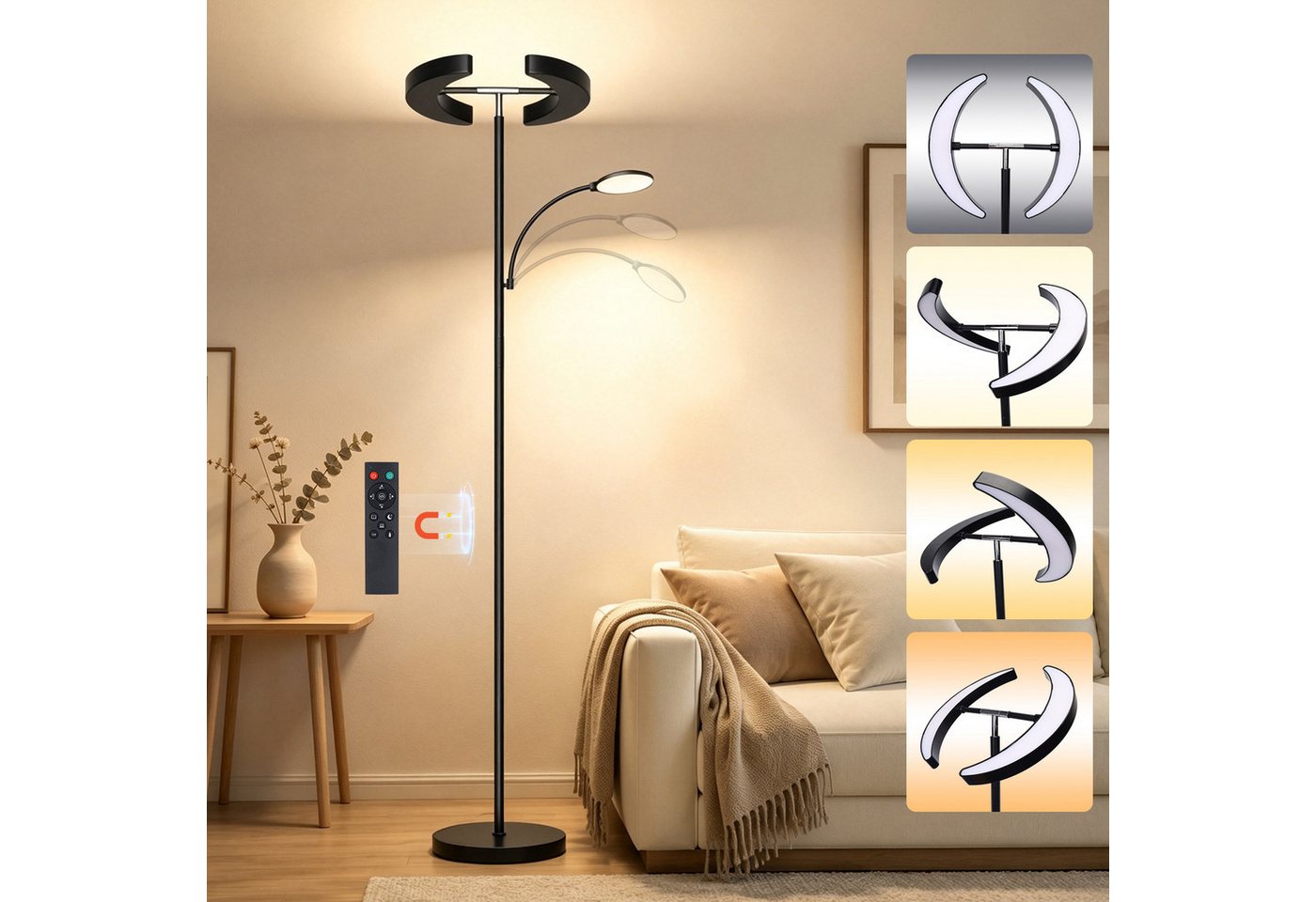 Lujasi LED Stehlampe 36W Stehlampe Wohnzimmer, Modern Deckenfluter mit Fernbedienung, Schwarz Stehleuchte, LED fest integriert, Kaltweiß/natürliches Licht/Warmweiß, 28W mit 8W Leselampe 4 Lichtfarben für Wohnzimmer, Schlafzimmer, Büro Bild 2