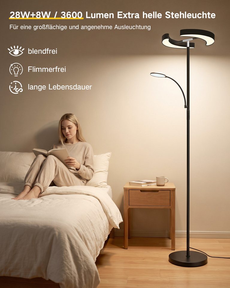 Lujasi LED Stehlampe 36W Stehlampe Wohnzimmer, Modern Deckenfluter mit Fernbedienung, Schwarz Stehleuchte, LED fest integriert, Kaltweiß/natürliches Licht/Warmweiß, 28W mit 8W Leselampe 4 Lichtfarben für Wohnzimmer, Schlafzimmer, Büro Bild 5