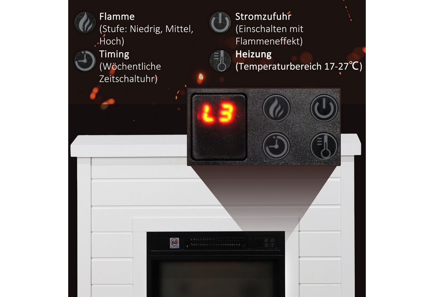 HOMCOM Elektrokamin Elektrokamin, Dekokamin mit Timer, 1800W, Thermostat, Weiß, Überhitzungsschutz, Weiß Bild 4