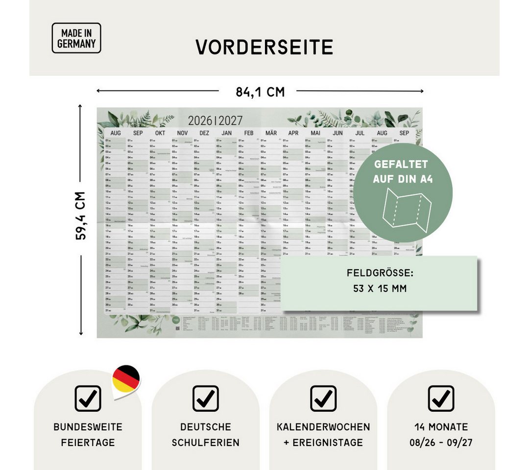 heaven+paper Jahresplaner Schuljahresplaner A1 2026/2027 Green Querformat/Hochformat, Hergestellt in Deutschland