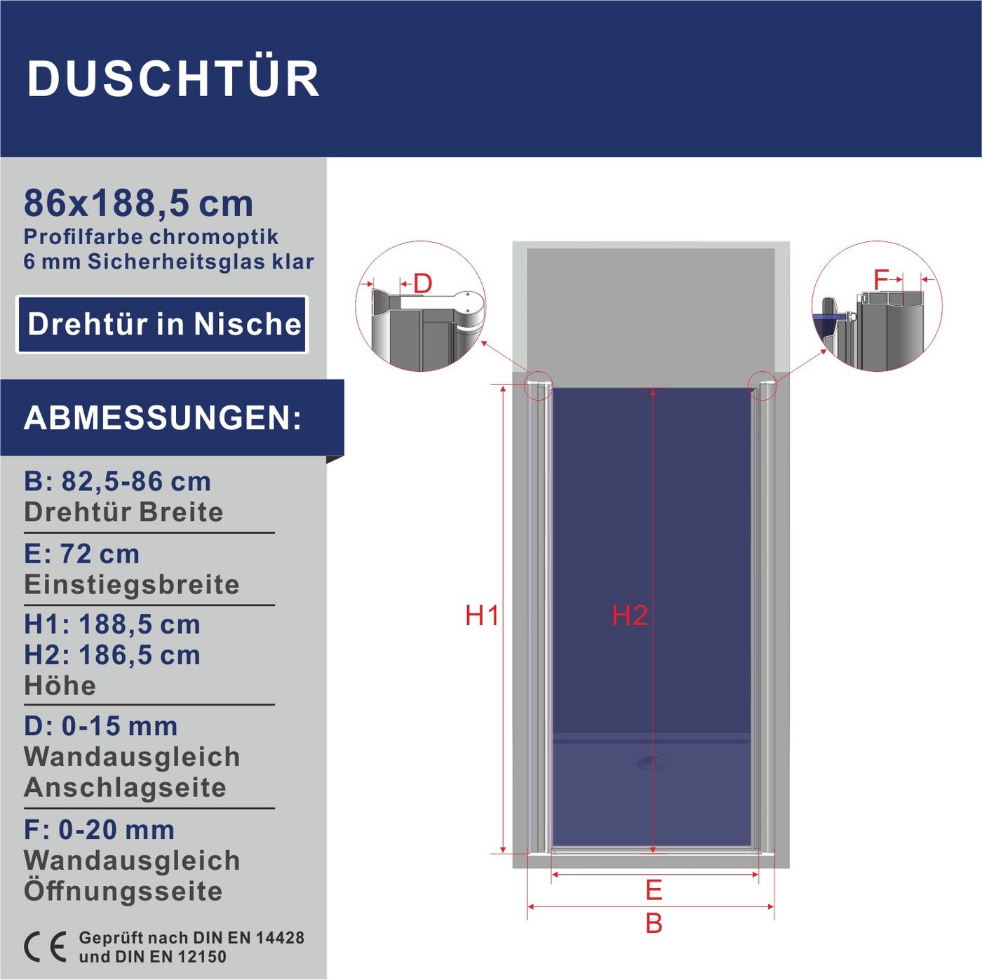 AQUABATOS Dusch-Drehtür Nische Duschtür Drehtür mit Hebe-und Senkfunktion Klar Duschabtrennung, 86x188,5 cm, Einscheibensicherheitsglas, Chromoptik Nischentür mit Integrierter Aluminiumgriff 6mm Duschwand Bild 2